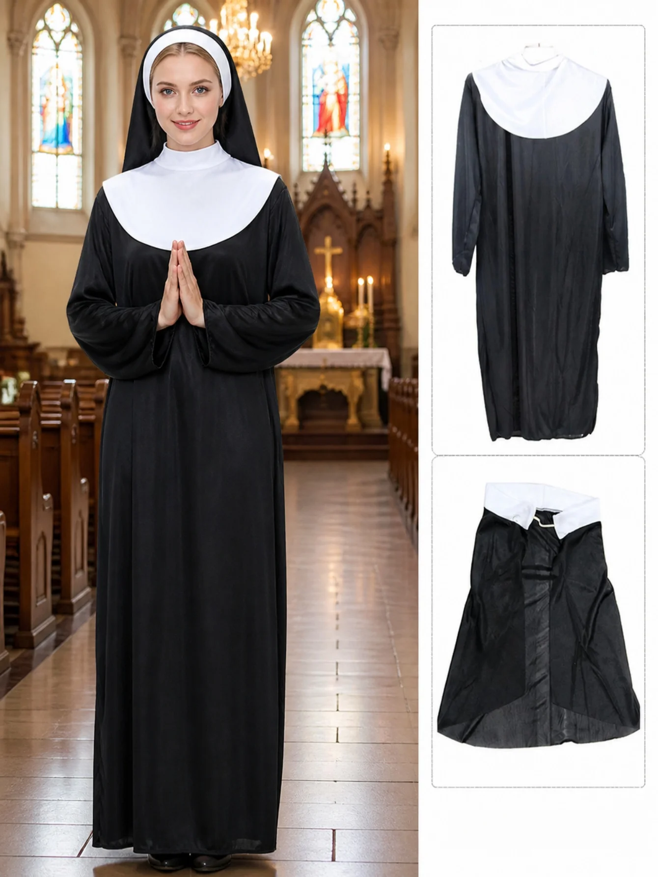 Women's Nun Costume, Classic Black & White Nun Habit with Headpiece, Full Length Halloween Cosplay Outfit, Religious Themed Part
Women's Nun Costume, Classic Black & White Nun Habit with Headpiece, Full Length Halloween Cosplay Outfit, Religious Themed Part