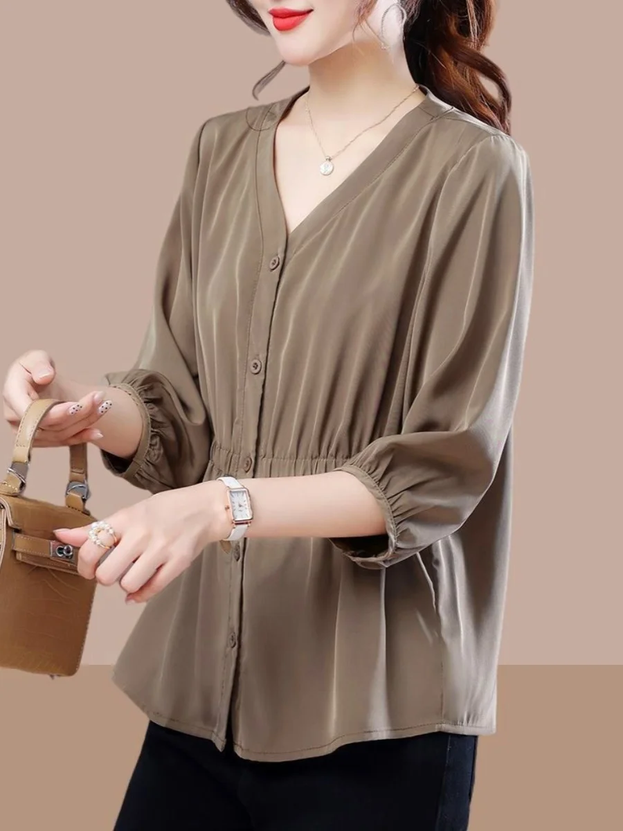 Women's Loose Fit Shirt V-Neck Spring Summer New Style 7/8 Sleeve Waist-Cinching Chiffon Top Belly Concealing Slimming Top
Women's Loose Fit Shirt V-Neck Spring Summer New Style 7/8 Sleeve Waist-Cinching Chiffon Top Belly Concealing Slimming Top