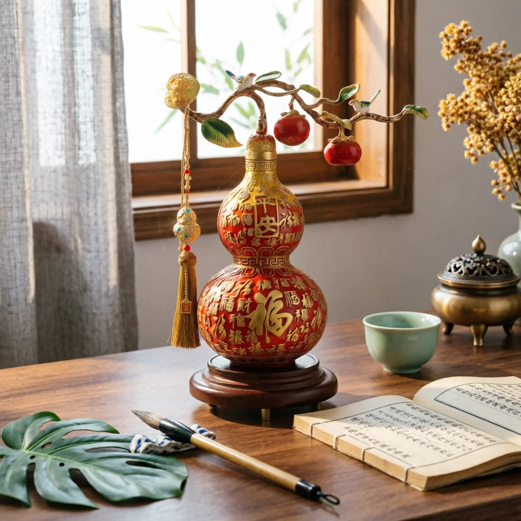 Double Gourd Ornament Gold-Tone Fu Symbol Ornament Chinese Gourd Decor Wooden Base Decorative Item Easy to Clean
Double Gourd Ornament Gold-Tone Fu Symbol Ornament Chinese Gourd Decor Wooden Base Decorative Item Easy to Clean