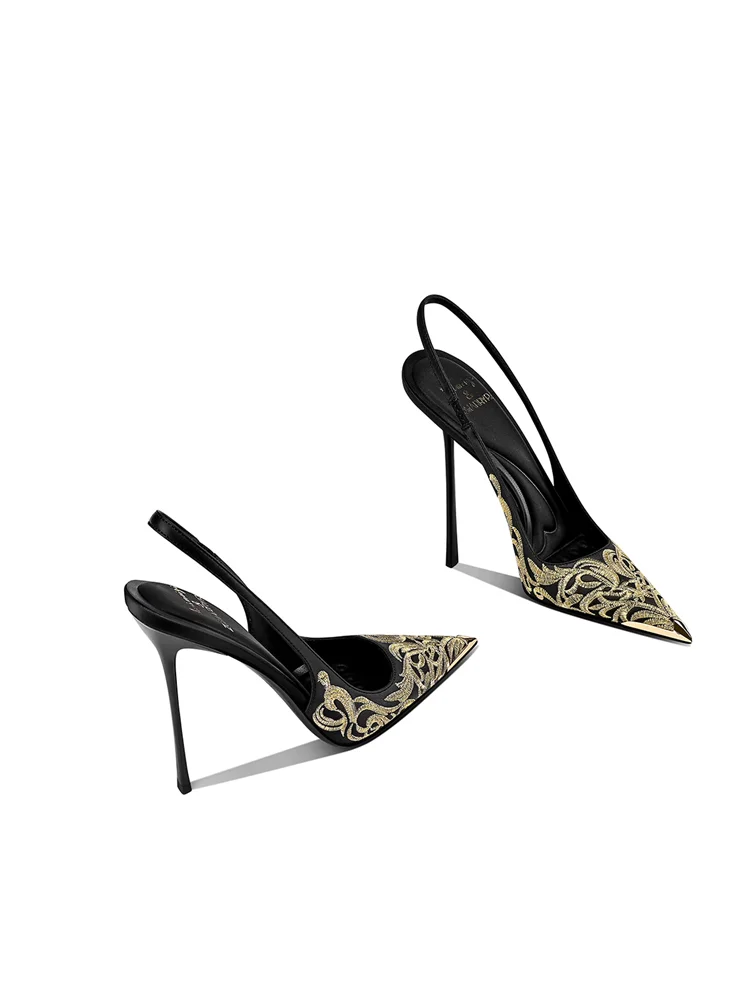Spring and summer new gold embroidery pattern pointed toe back trip strap sandals banquet large size stiletto heels women's shoe
Spring and summer new gold embroidery pattern pointed toe back trip strap sandals banquet large size stiletto heels women's shoe