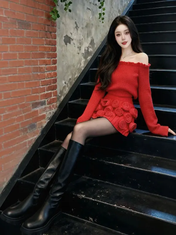 Retro Gentle Red One-oulder Top And f-Skirt Two-Piece Set Spring Faion Ensemble Comfortable Mid-Spring Outfit Women
Retro Gentle Red One-oulder Top And f-Skirt Two-Piece Set Spring Faion Ensemble Comfortable Mid-Spring Outfit Women