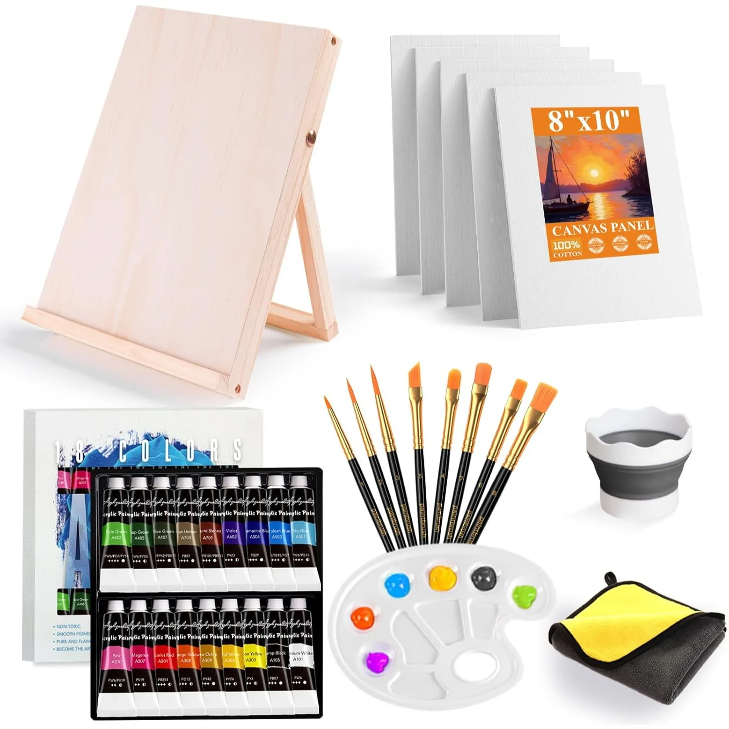 Acrylic Paint Set for Kids & Adults with 18 Paints, 8 Brushes, 5 Canvas Panels, and Wooden Easel
Acrylic Paint Set for Kids & Adults with 18 Paints, 8 Brushes, 5 Canvas Panels, and Wooden Easel