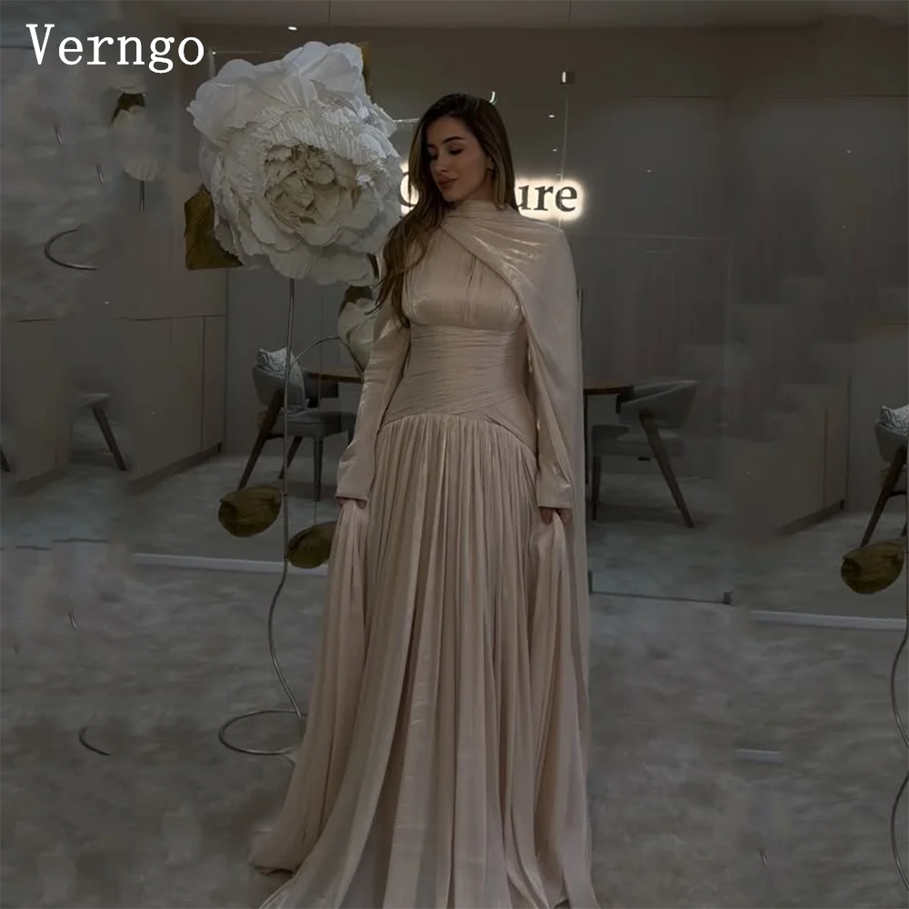 Verngo Champagne Shiny Evening Dress High Neck Full Sleeves Formal Occasion Elegant Pleat Arabic Prom Gowns Customized
Verngo Champagne Shiny Evening Dress High Neck Full Sleeves Formal Occasion Elegant Pleat Arabic Prom Gowns Customized