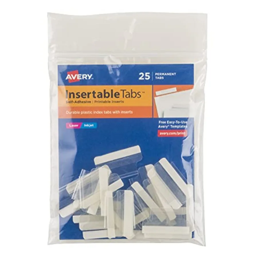 Insertable Self-Adhesive Tabs with Printable Inserts, 1", Permanent Adhesive, Clear, Pack of 25 Index Tabs 16221
Insertable Self-Adhesive Tabs with Printable Inserts, 1", Permanent Adhesive, Clear, Pack of 25 Index Tabs 16221