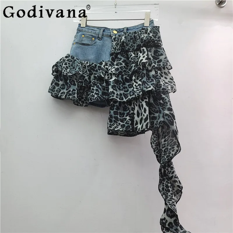 American Retro Leopard Print Women's Summer Irregular Splicing Skirt Sexy Fashion Versatile Loose Age-reducing Denim Cake Skirts
American Retro Leopard Print Women's Summer Irregular Splicing Skirt Sexy Fashion Versatile Loose Age-reducing Denim Cake Skirts