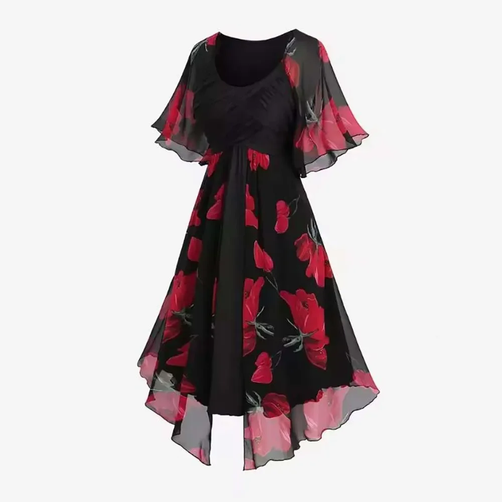 Plus Size Elegant Mesh Short Sleeves Midi Dress Round Neck Ruched A-Line Floral Printed Summer Female Vacation Robe Chic Dresses
Plus Size Elegant Mesh Short Sleeves Midi Dress Round Neck Ruched A-Line Floral Printed Summer Female Vacation Robe Chic Dresses