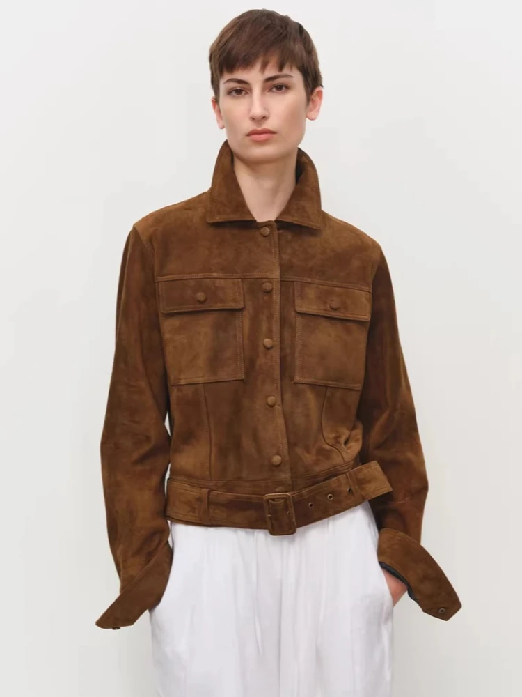 Genuine Leather Motorcycle Jackets Women Spring Autumn High-end Simple Vintage Slim Cropped Real Sheepskin Suede Coat with Belt
Genuine Leather Motorcycle Jackets Women Spring Autumn High-end Simple Vintage Slim Cropped Real Sheepskin Suede Coat with Belt