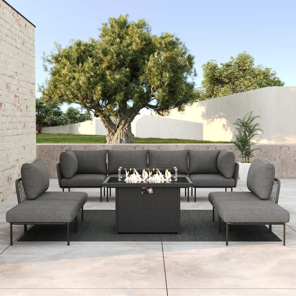 9 Pieces Rope Woven Patio Furniture Set, Modern Modular Sectional Sofa with Fire Pit Table and Upgrade Thickness Cushion
9 Pieces Rope Woven Patio Furniture Set, Modern Modular Sectional Sofa with Fire Pit Table and Upgrade Thickness Cushion