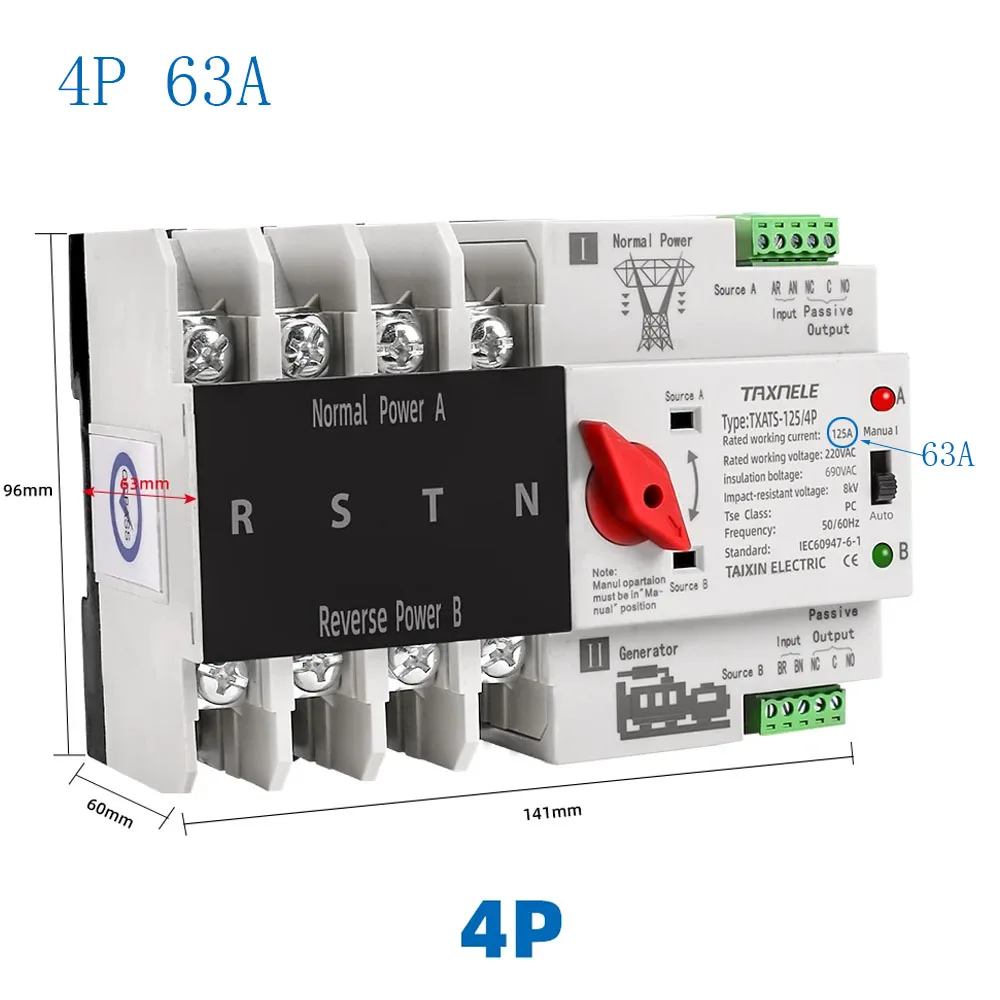 63A 100A 125A Din Rail 2P 3P 4P ATS Dual Power Automatic Transfer Switch Selector Switches Uninterrupted Power Generator Switch
63A 100A 125A Din Rail 2P 3P 4P ATS Dual Power Automatic Transfer Switch Selector Switches Uninterrupted Power Generator Switch