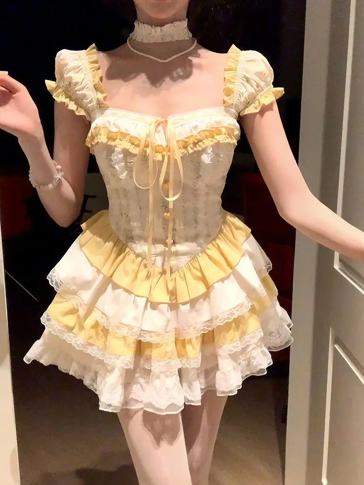 Summer Lolita Sweet Bow Yellow Mini Dress Women Design Lovely Vintage Skinny Dresses Female Chic Lace Pleated New Clothing 2025
Summer Lolita Sweet Bow Yellow Mini Dress Women Design Lovely Vintage Skinny Dresses Female Chic Lace Pleated New Clothing 2025