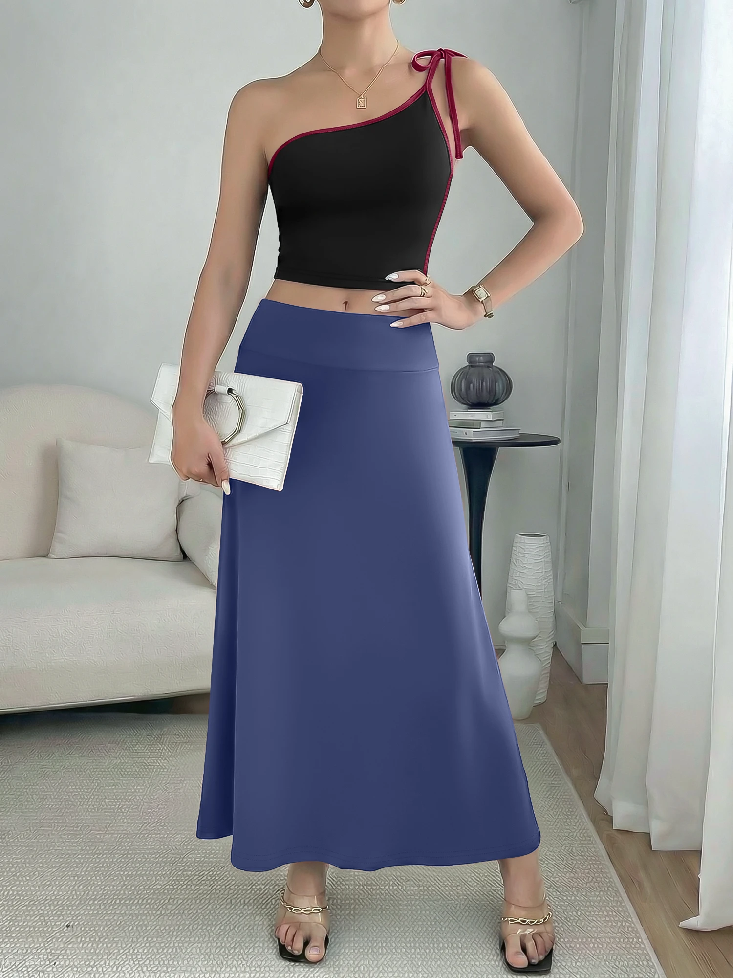 Summer Casual Ladies Knitted Outfit One Shoulder Tie Strap Crop Top Flowy Maxi Skirt Bodycon Slim Y2K Style Matching Clothes
Summer Casual Ladies Knitted Outfit One Shoulder Tie Strap Crop Top Flowy Maxi Skirt Bodycon Slim Y2K Style Matching Clothes