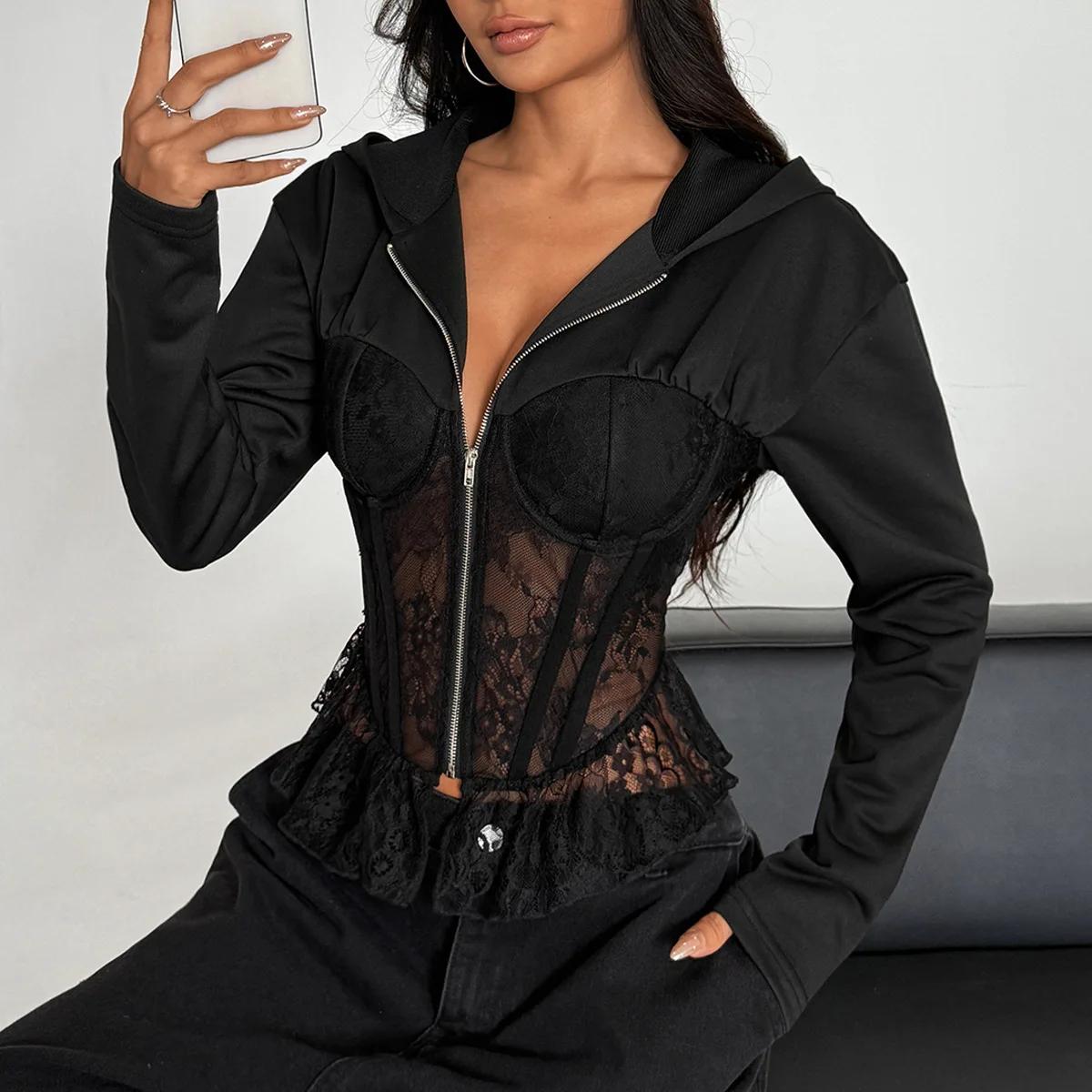 Sexy Lace Patchwork Zipper Bustier Jacket INS Streetwear Style 2025 Autumn Long Sleeve Hooded Corset Tops
Sexy Lace Patchwork Zipper Bustier Jacket INS Streetwear Style 2025 Autumn Long Sleeve Hooded Corset Tops
