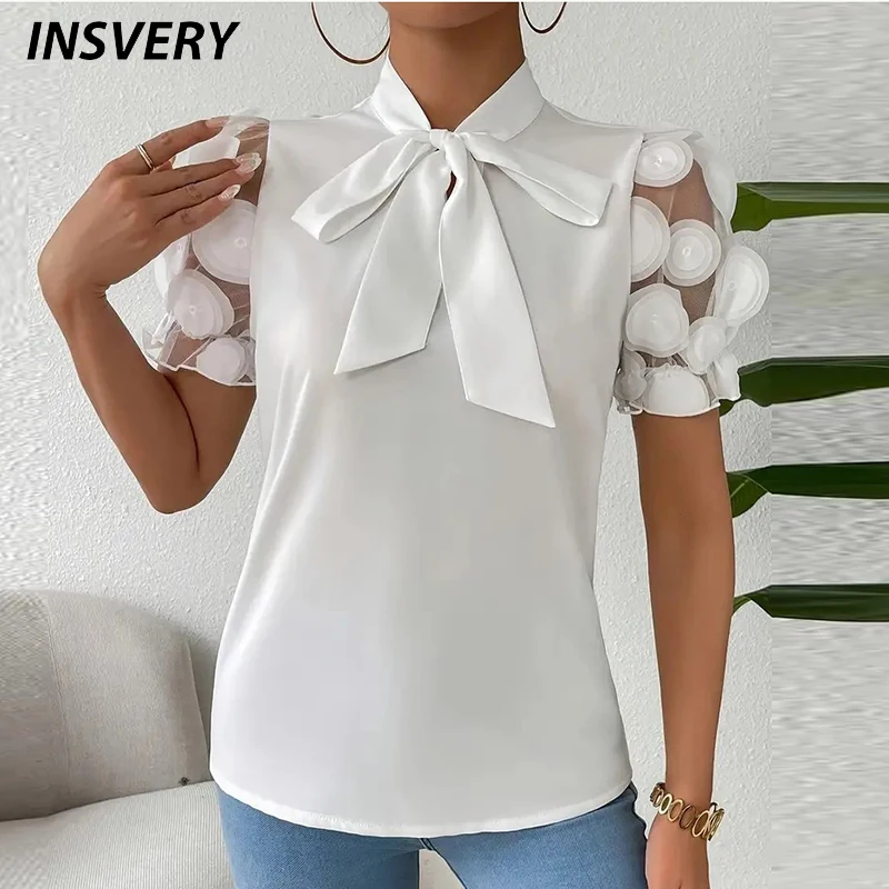 Summer Women Short Sleeve Shirt With Bow Mesh Sleeve Solid Jacquard Design Women T-Shirts White Tee Tops Lady Office Shirt
Summer Women Short Sleeve Shirt With Bow Mesh Sleeve Solid Jacquard Design Women T-Shirts White Tee Tops Lady Office Shirt