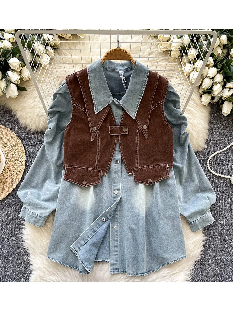 Women's Autumn Shirt High Street Leisure Stacked Outerwear Buckle Vest+Korean Bubble Sleeve Denim Shirt Two PieceTP019
Women's Autumn Shirt High Street Leisure Stacked Outerwear Buckle Vest+Korean Bubble Sleeve Denim Shirt Two PieceTP019
