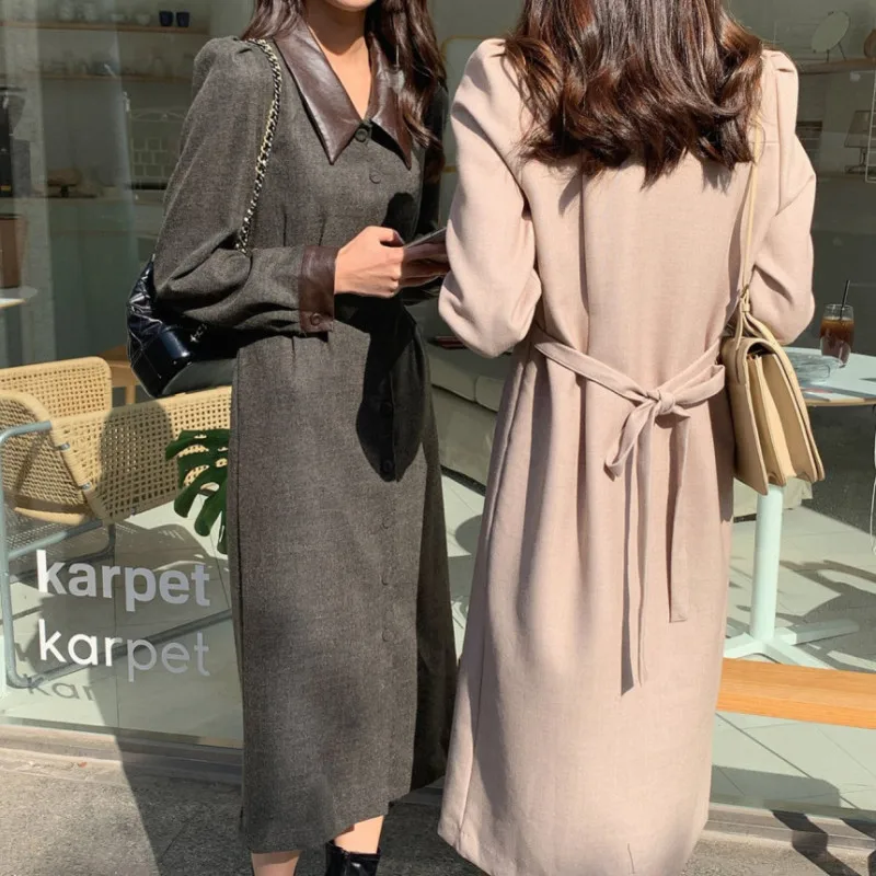 Women's Spring Vintage Long Shirt Belt Dress PU Patchwork Lapel Collar Single Breasted Slim Dresses Female
Women's Spring Vintage Long Shirt Belt Dress PU Patchwork Lapel Collar Single Breasted Slim Dresses Female