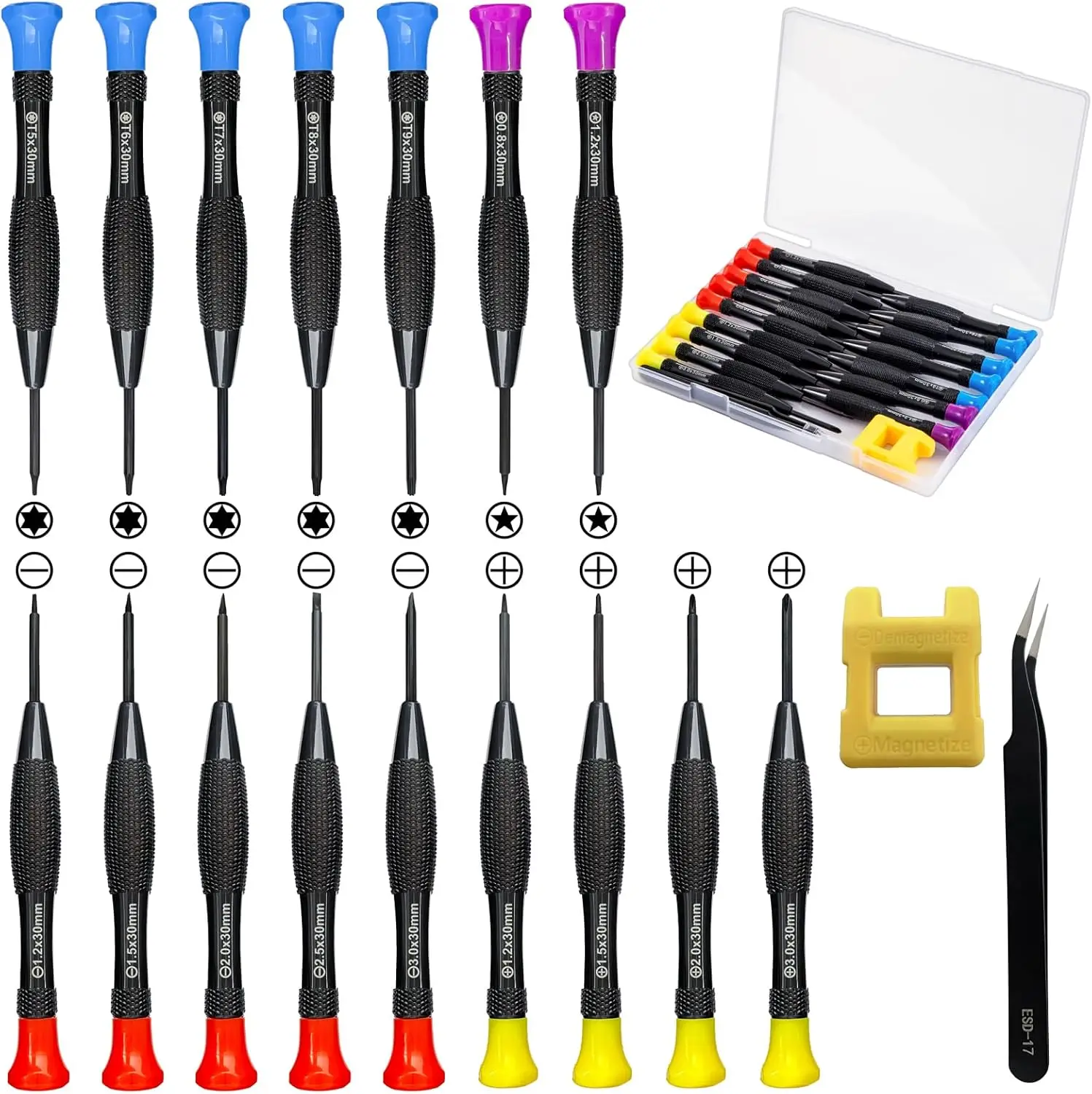 18PCS Mini Precision Screwdriver Set with Case, Magnetic Flathead Phillips Pentalobe Torx Star Screwdriver Kit & Tweezers for Phone Laptop Watch Repair
18PCS Mini Precision Screwdriver Set with Case, Magnetic Flathead Phillips Pentalobe Torx Star Screwdriver Kit & Tweezers for Phone Laptop Watch Repair