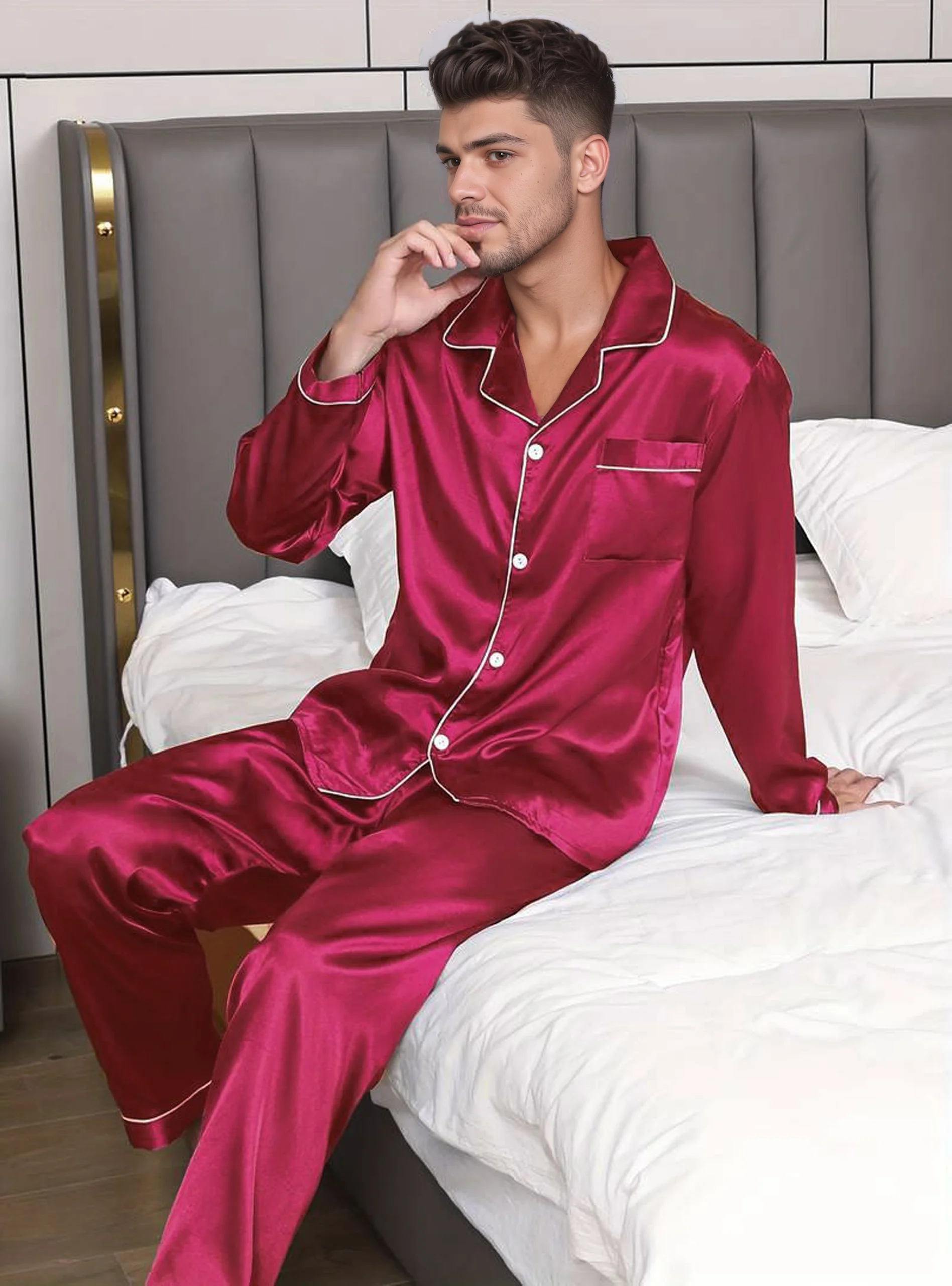 Men's Luxury Satin Pajama Set, Black Long Sleeve Loungewear, Casual 2PCS Sleepwear for Home & Daily Wear Mens Pajamas
Men's Luxury Satin Pajama Set, Black Long Sleeve Loungewear, Casual 2PCS Sleepwear for Home & Daily Wear Mens Pajamas