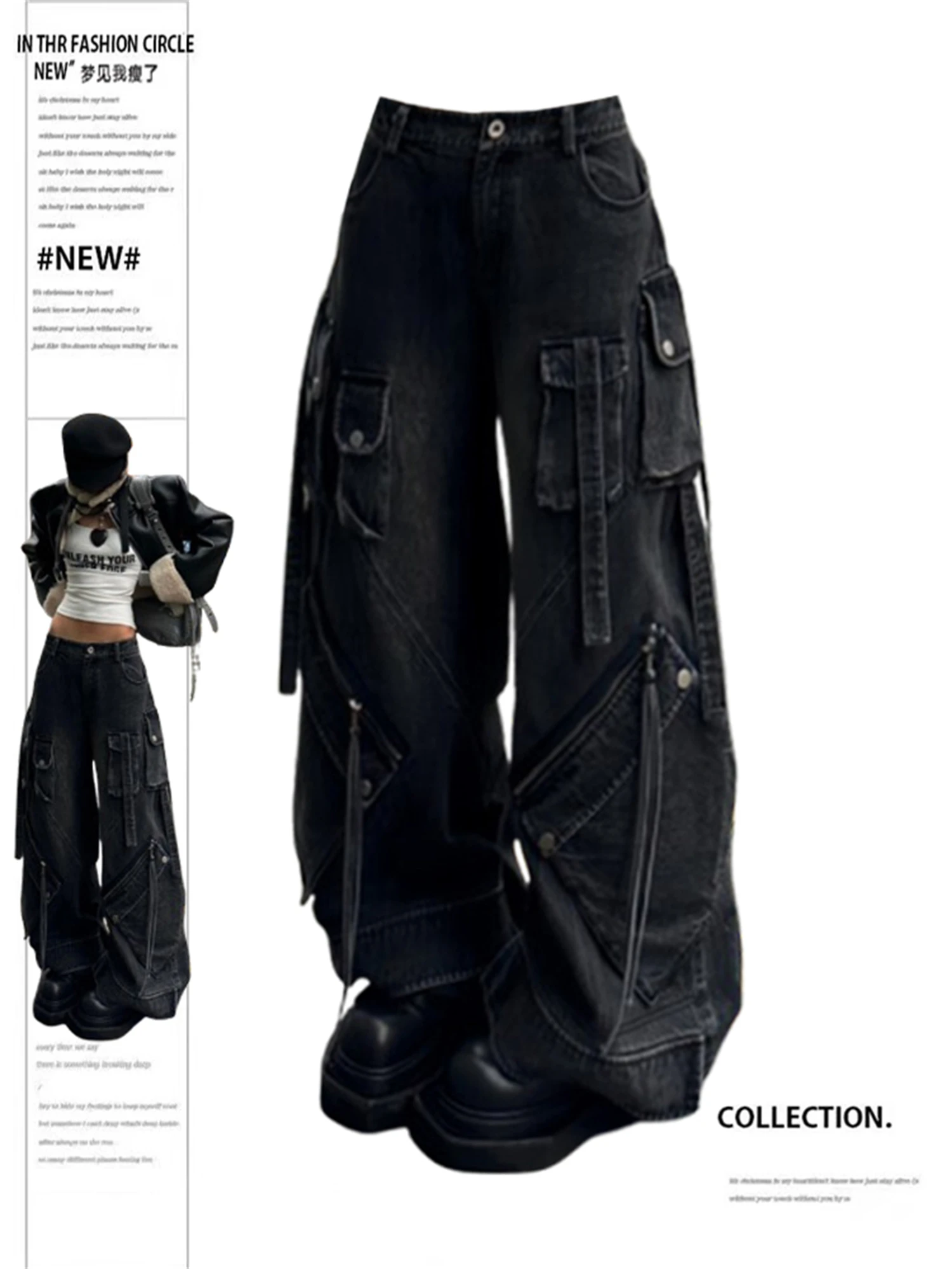 Y2K Women's High Waist Wide Leg Cargo Jeans Vintage Washed Black Multi - Pocket Zipper Detail Streetwear Denim Trousers 
Y2K Women's High Waist Wide Leg Cargo Jeans Vintage Washed Black Multi - Pocket Zipper Detail Streetwear Denim Trousers