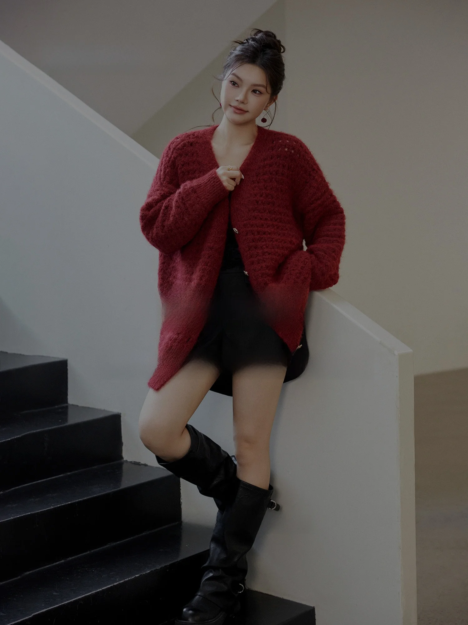 Plusmall Cherry Wine Knitted Open Cardigan Women's V-neck Loose Fit Spring Casual Style Long Sleeve Mid-length Knitwear
Plusmall Cherry Wine Knitted Open Cardigan Women's V-neck Loose Fit Spring Casual Style Long Sleeve Mid-length Knitwear