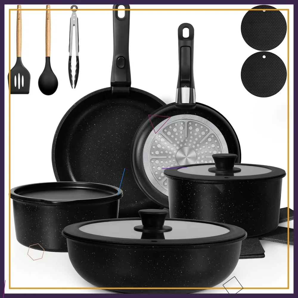 20-Piece Non-Stick Cookware Set with Detachable Handles, Induction Compatible, Dishwasher Safe, Easy Clean Black Pots and Pans
20-Piece Non-Stick Cookware Set with Detachable Handles, Induction Compatible, Dishwasher Safe, Easy Clean Black Pots and Pans
