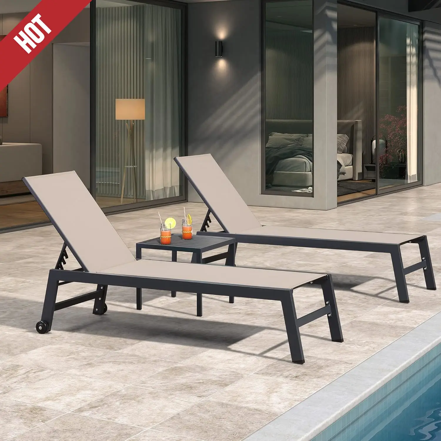 Patio Chaise Lounge Set 2 Pieces Textilene Pool Lounge Chairs with Wheels Sunbathing Chair(2 Beige Lounges W/Side Table)
Patio Chaise Lounge Set 2 Pieces Textilene Pool Lounge Chairs with Wheels Sunbathing Chair(2 Beige Lounges W/Side Table)