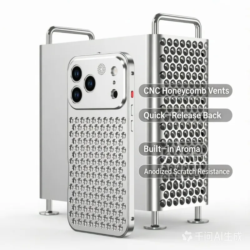 For MacPro Style Aluminum Phone Case - CNC Honeycomb Vents, Snap-open Back, Built-in Aroma, Magnetic Bumper for IPhone 17
For MacPro Style Aluminum Phone Case - CNC Honeycomb Vents, Snap-open Back, Built-in Aroma, Magnetic Bumper for IPhone 17