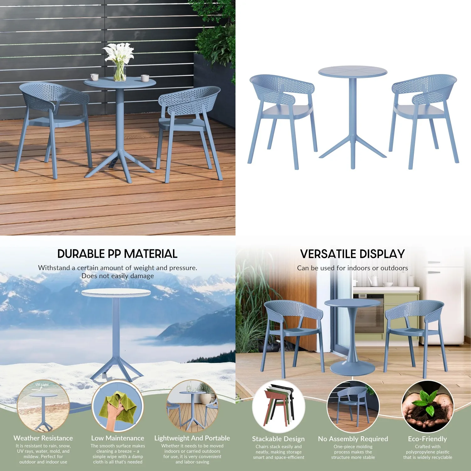 3-Piece Resin Patio Bistro Table Set Stackable Side Chairs Outdoor Garden Balcony 28in Table 2 Chairs, Customized
3-Piece Resin Patio Bistro Table Set Stackable Side Chairs Outdoor Garden Balcony 28in Table 2 Chairs, Customized