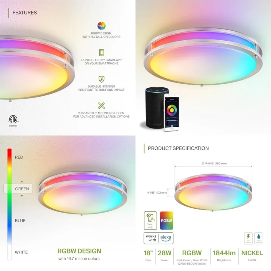 LED 18" Round Flush Mount Lighting, Close to Ceiling Light Fixture Smart, Multicolor, Dimmable, ETL Listed 28W 1844LM RGB-2700-
LED 18" Round Flush Mount Lighting, Close to Ceiling Light Fixture Smart, Multicolor, Dimmable, ETL Listed 28W 1844LM RGB-2700-