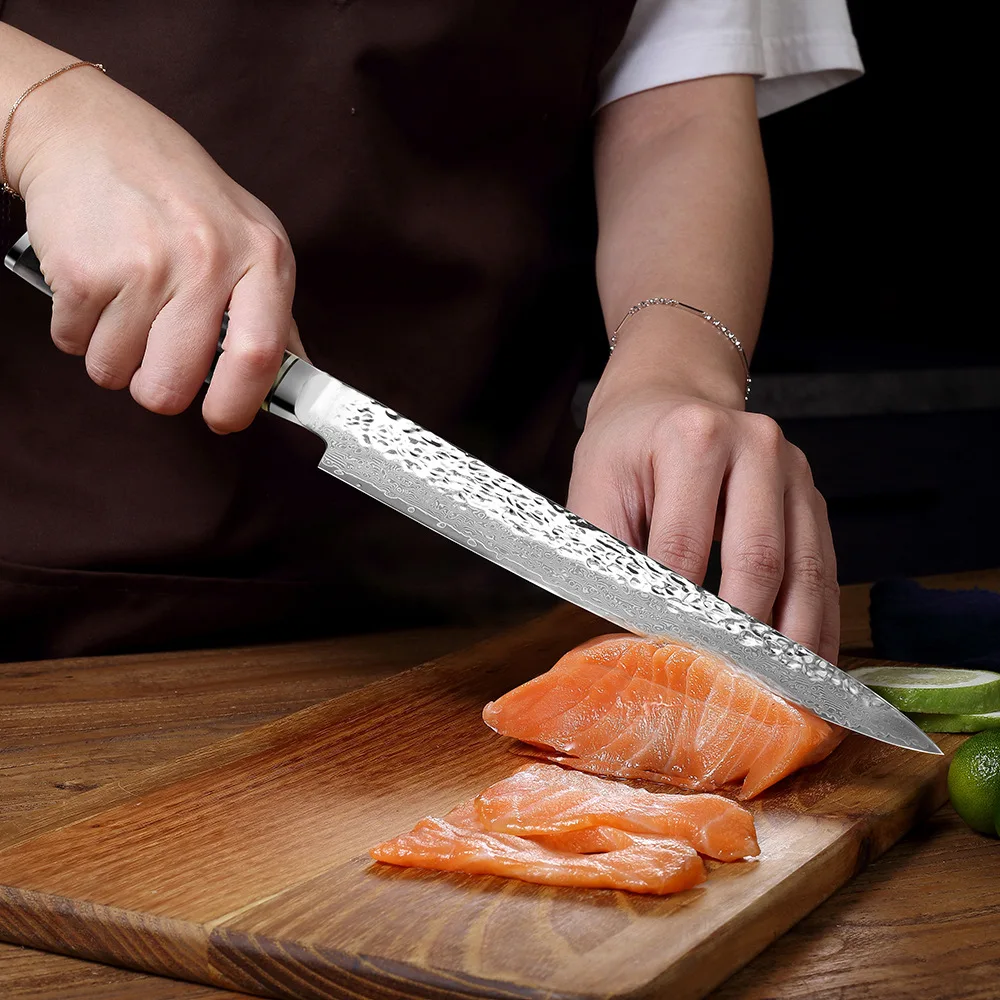 RHON Double Edge VG10 Damascus Steel Yanagiba Knife Forged Hammer Sharp Japanese Sushi Slicing Salmon Fish Sashimi Cook Knives
RHON Double Edge VG10 Damascus Steel Yanagiba Knife Forged Hammer Sharp Japanese Sushi Slicing Salmon Fish Sashimi Cook Knives