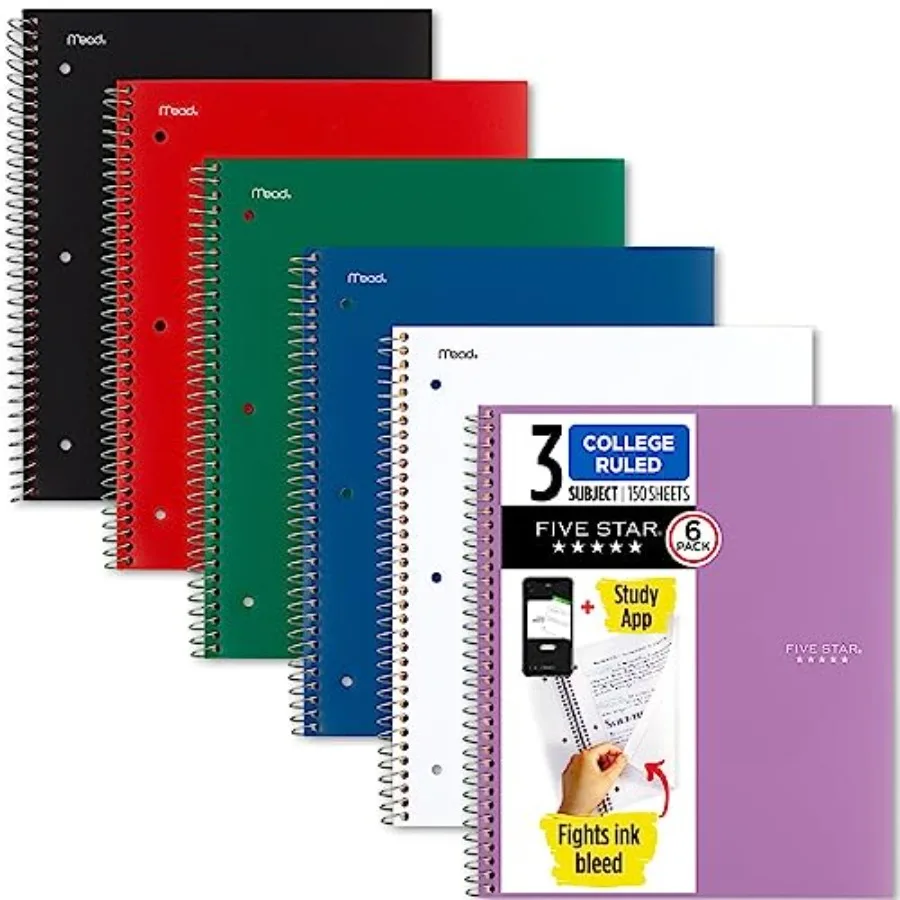 Spiral Notebooks Plus Study App,,3 Subject, College Ruled Paper, 11" x 8-1/2", 150 Sheets, Black, Red, Green, Blue, White, Purp
Spiral Notebooks Plus Study App,,3 Subject, College Ruled Paper, 11" x 8-1/2", 150 Sheets, Black, Red, Green, Blue, White, Purp