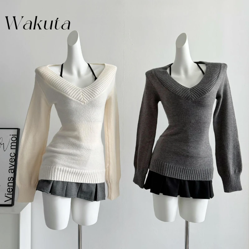 WAKUTA Retro V-neck Long-sleeved Waisted Mid-length Knitted Y2k Sweaters Sexy Camisole Undershirt Fall Antique Style Set Свитер
WAKUTA Retro V-neck Long-sleeved Waisted Mid-length Knitted Y2k Sweaters Sexy Camisole Undershirt Fall Antique Style Set Свитер