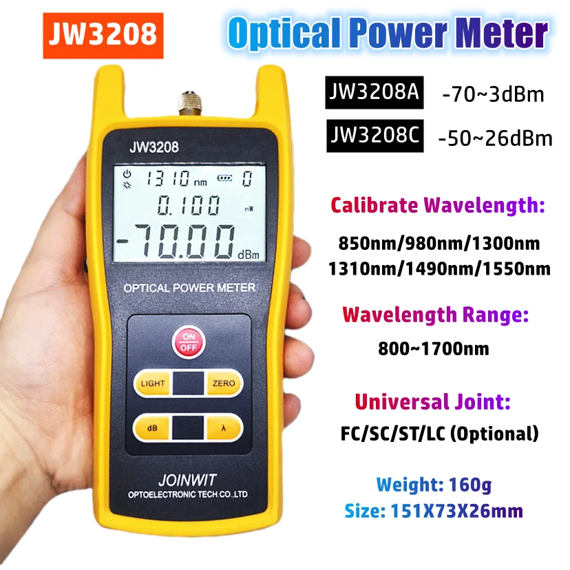 JW3208 Handheld Optical Power Meter -70~+6dBm/-50~+26dBm Fiber Optic Power Frequency Tester Portable Fiber Optic Power Meter
JW3208 Handheld Optical Power Meter -70~+6dBm/-50~+26dBm Fiber Optic Power Frequency Tester Portable Fiber Optic Power Meter