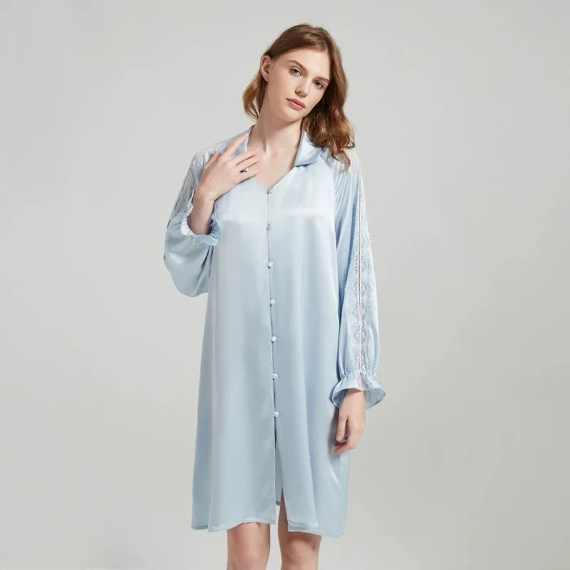 19-Momme 100% Mulberry Silk Nightgown | Shirt Dress Style with Lace Panels | Elegant Lightweight Cardigan Sleepwear
19-Momme 100% Mulberry Silk Nightgown | Shirt Dress Style with Lace Panels | Elegant Lightweight Cardigan Sleepwear