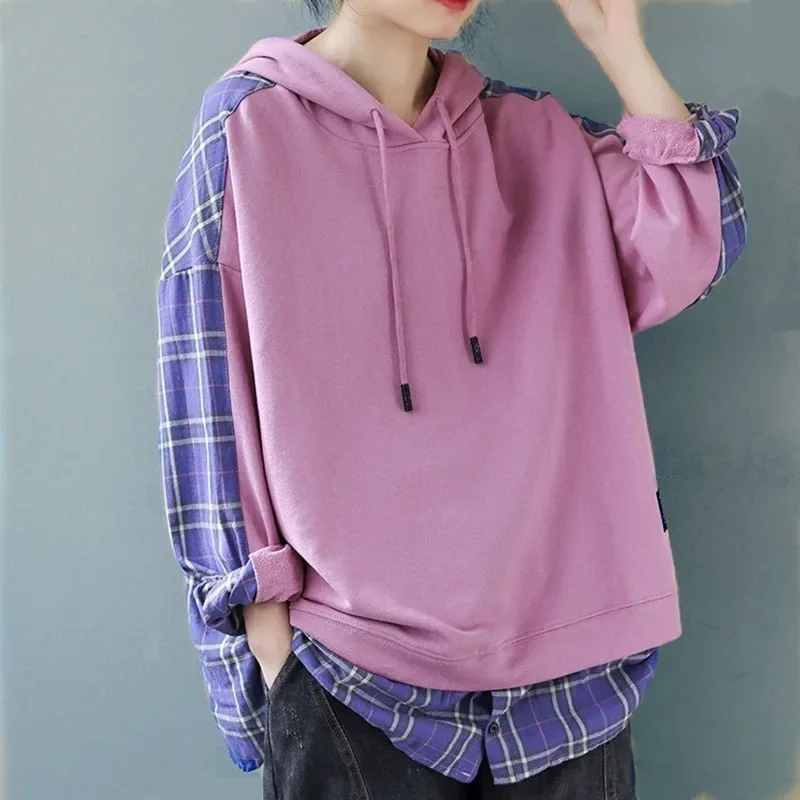 Women Mock Two Piece Plaid Hoodies Spring Autumn Loose Casual Hooded Jackets Patchwork Sweatshirts New All-Match Thin Outwears
Women Mock Two Piece Plaid Hoodies Spring Autumn Loose Casual Hooded Jackets Patchwork Sweatshirts New All-Match Thin Outwears
