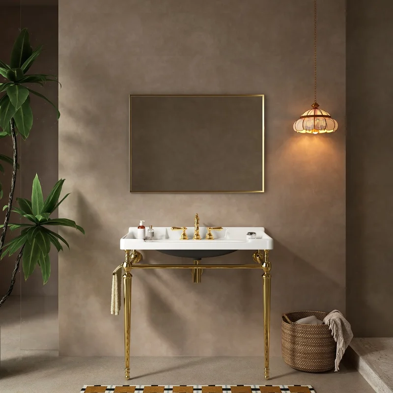 36" Wall-Mounted White Ceramic Sink with 3 Faucet Holes, Stainless Steel Legs & Towel Bar, Gold Finish, No Faucet or Cover
36" Wall-Mounted White Ceramic Sink with 3 Faucet Holes, Stainless Steel Legs & Towel Bar, Gold Finish, No Faucet or Cover