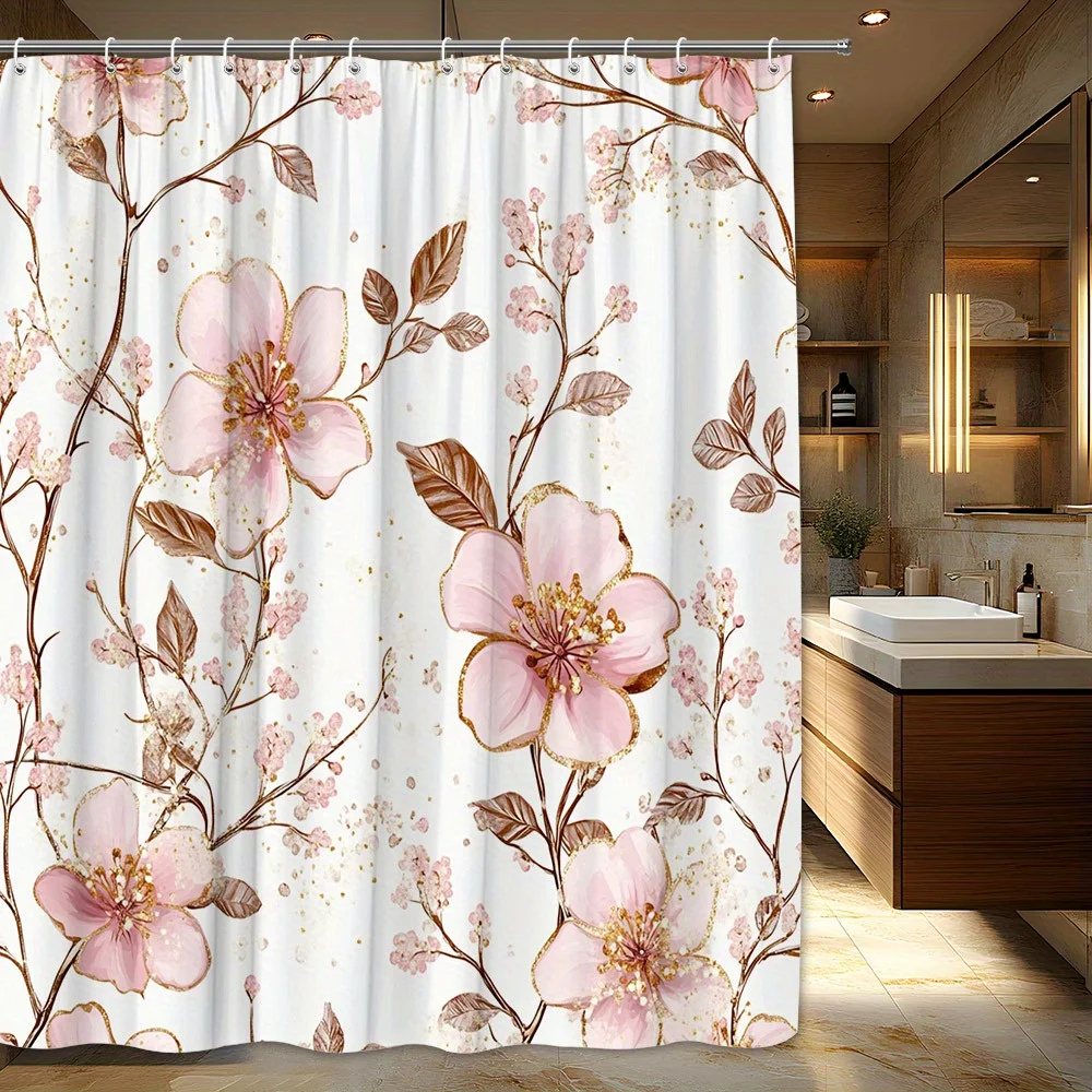 1 Vintage Floral Shower Curtain with Pink Blush Flowers and Gold Trim - Elegant Brown Branch Pattern, Polyester Fabric
1 Vintage Floral Shower Curtain with Pink Blush Flowers and Gold Trim - Elegant Brown Branch Pattern, Polyester Fabric