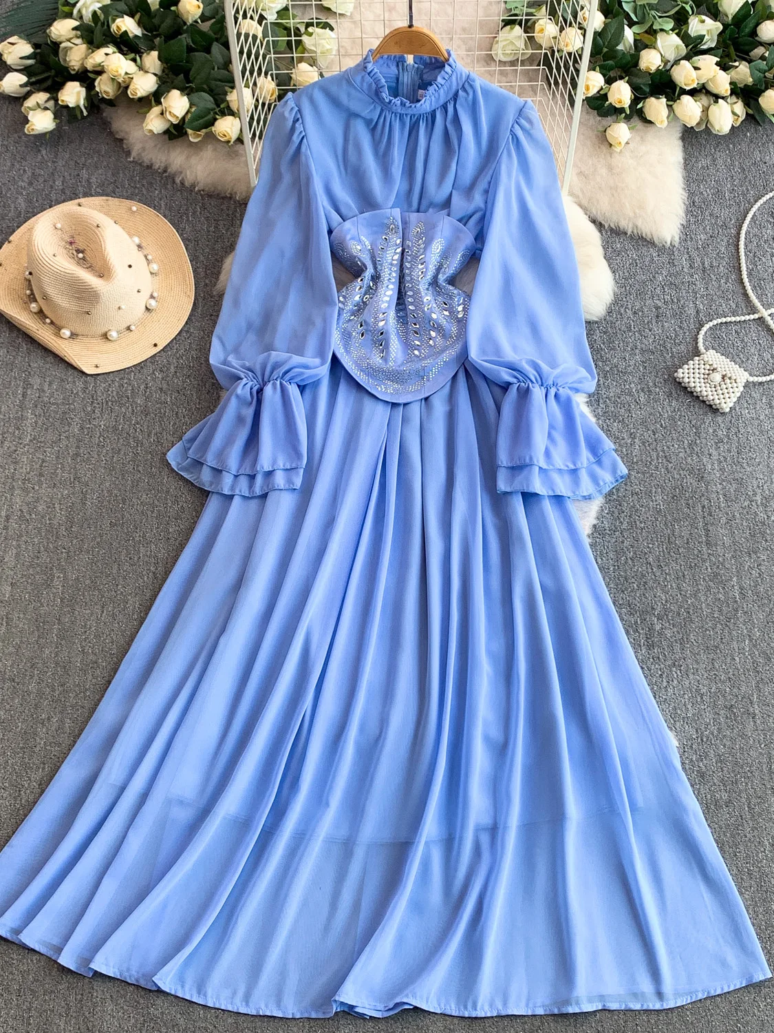 Sweet Date Style Long Sleeve Ruffle Collar Dress Women's Spring Autumn Slimming Diamond Embellished Waist Cinched Maxi Dress
Sweet Date Style Long Sleeve Ruffle Collar Dress Women's Spring Autumn Slimming Diamond Embellished Waist Cinched Maxi Dress