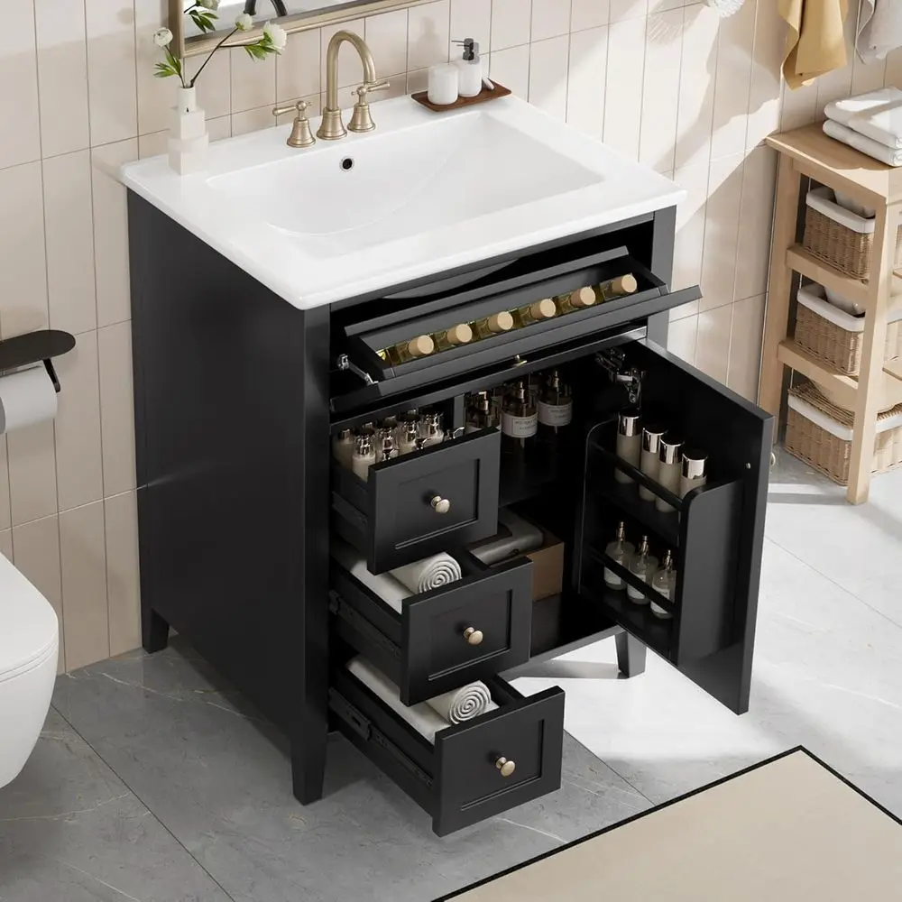 24 Black Bathroom Vanity Set with Sink, 3 Drawers, Tip-Out Drawer, Adjustable Shelves, Soft-Close Door & Organizer
24 Black Bathroom Vanity Set with Sink, 3 Drawers, Tip-Out Drawer, Adjustable Shelves, Soft-Close Door & Organizer