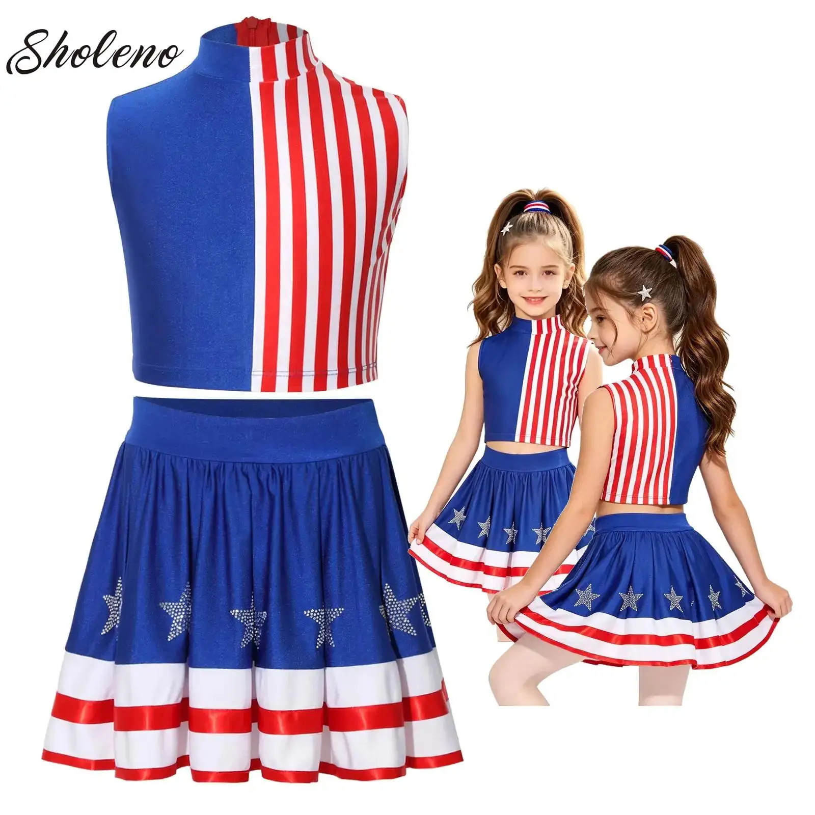Teen Rhinestone Jazz Latin Ballet Dance Costume Mock Neck Striped Crop Top Stars Skirt Cheerleading Independence Day Costumes
Teen Rhinestone Jazz Latin Ballet Dance Costume Mock Neck Striped Crop Top Stars Skirt Cheerleading Independence Day Costumes
