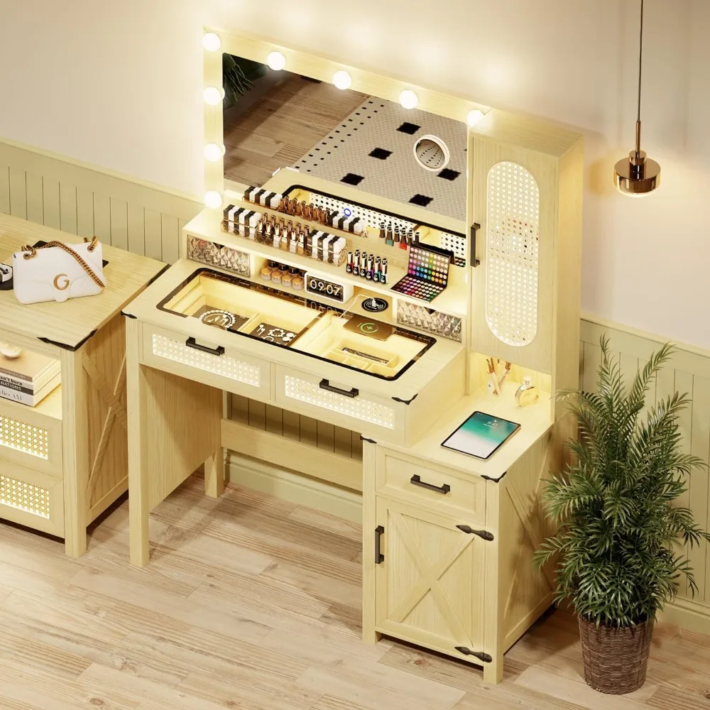 with Mirror and Lights,Vanity Desk with Glass Top Design & Charging Station, Wood Vanity Set with Mirror & Drawers for Bedroom
with Mirror and Lights,Vanity Desk with Glass Top Design & Charging Station, Wood Vanity Set with Mirror & Drawers for Bedroom