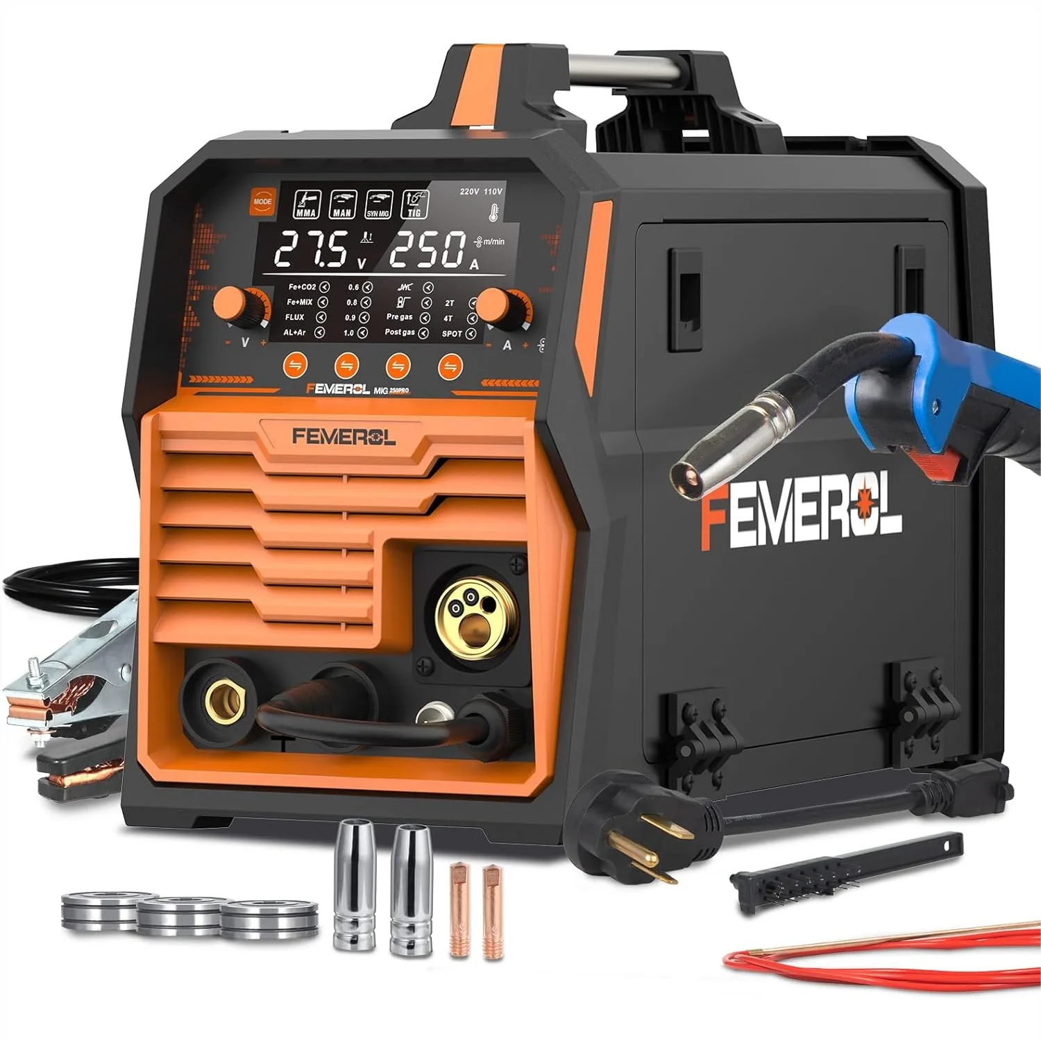 6 in 1 MIG Welder 250A, Gas MIG/Gasless Flux Core/Stick/Lift TIG/Spot Welding/Spool Gun Compatible, 110V/220V Multi Process
6 in 1 MIG Welder 250A, Gas MIG/Gasless Flux Core/Stick/Lift TIG/Spot Welding/Spool Gun Compatible, 110V/220V Multi Process