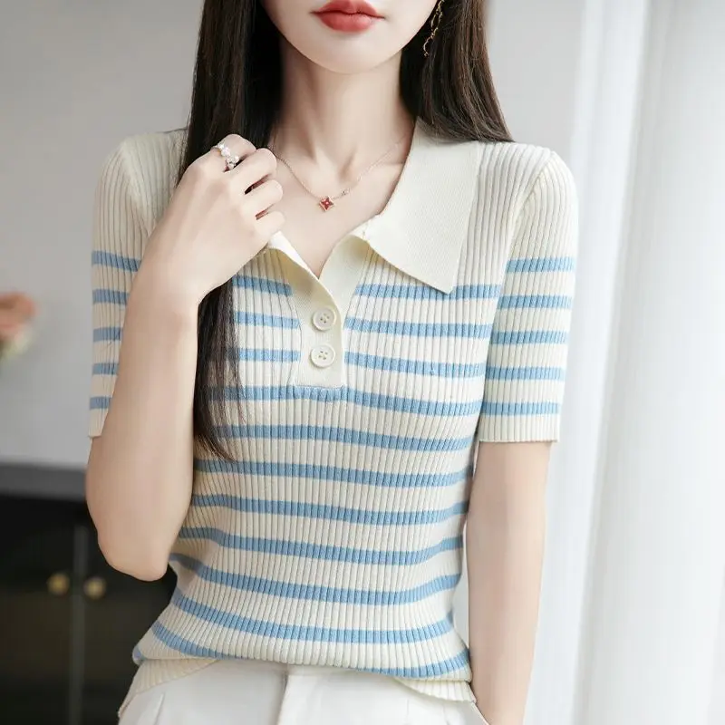 Women's Beige Blue Stripe Knit Top Collar Short Sleeve Slim Fit Casual Summer Top
Women's Beige Blue Stripe Knit Top Collar Short Sleeve Slim Fit Casual Summer Top