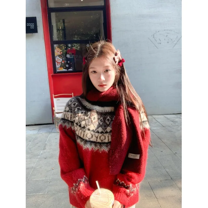 Retro Red Cisas Sle Long Sve Women's Knitted Sweater Loose round Ne Fair Isle Winter Top Comfortable Casual Faion
Retro Red Cisas Sle Long Sve Women's Knitted Sweater Loose round Ne Fair Isle Winter Top Comfortable Casual Faion