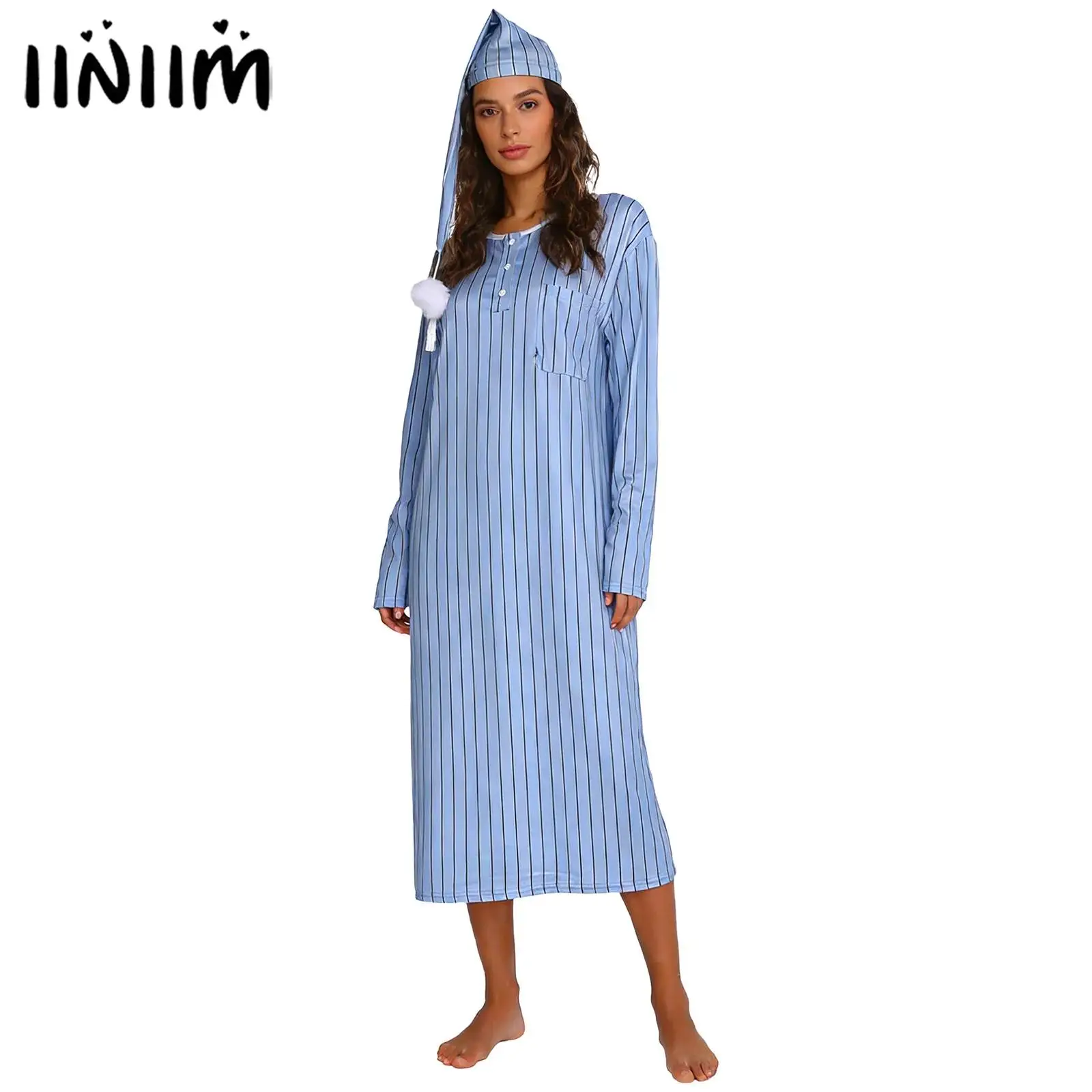 Womens Striped Pajamas Nightgowns with Hat Nightshirts Crew Neck Long Sleeve Loose Sleep Robe Nightshirts Long Dress Sleepwear
Womens Striped Pajamas Nightgowns with Hat Nightshirts Crew Neck Long Sleeve Loose Sleep Robe Nightshirts Long Dress Sleepwear