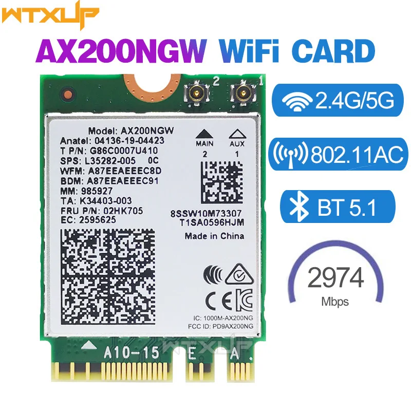 Wifi Wireless Card AX200 AX200NGW M.2 NGFF Bluetooth 5.0 Wifi 6 2.4G/5G 802.11AX network adapter
Wifi Wireless Card AX200 AX200NGW M.2 NGFF Bluetooth 5.0 Wifi 6 2.4G/5G 802.11AX network adapter