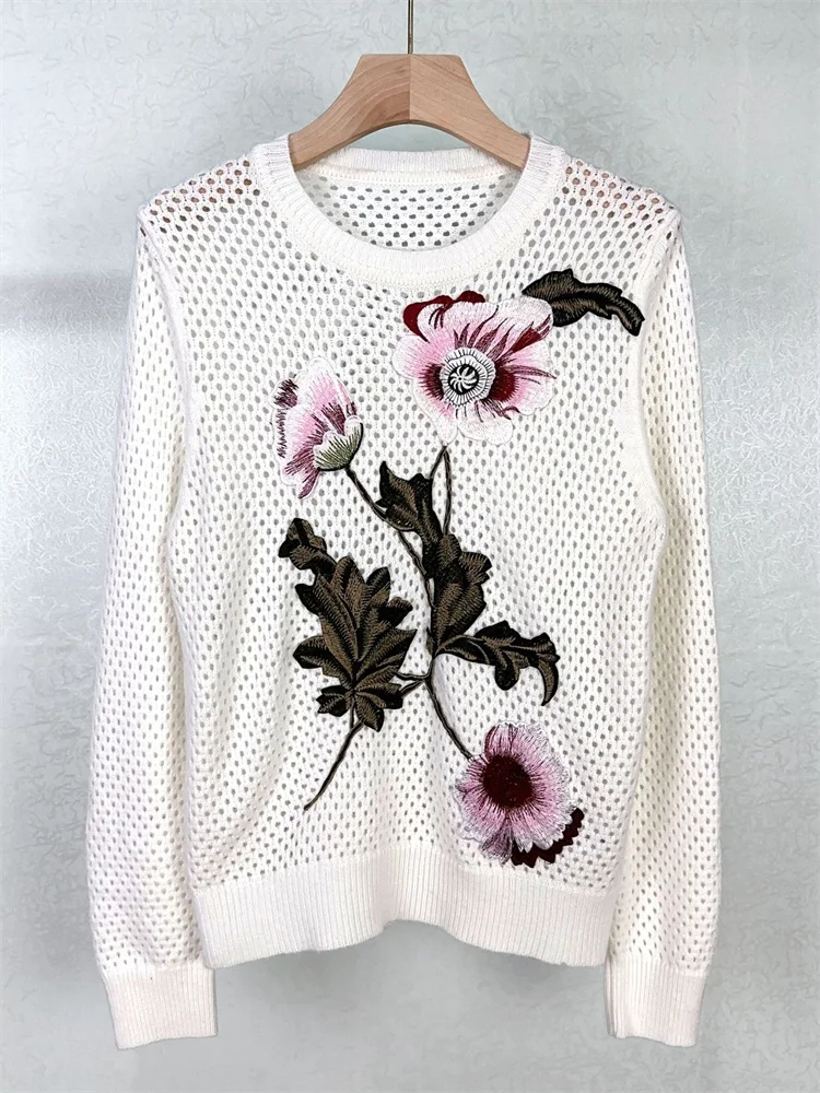 Embroidery Flowers Ladies O-Neck Knitwear Pullover Tops Women's Knitted Texture Hollow Out Sweater Early Autumn Versatile
Embroidery Flowers Ladies O-Neck Knitwear Pullover Tops Women's Knitted Texture Hollow Out Sweater Early Autumn Versatile