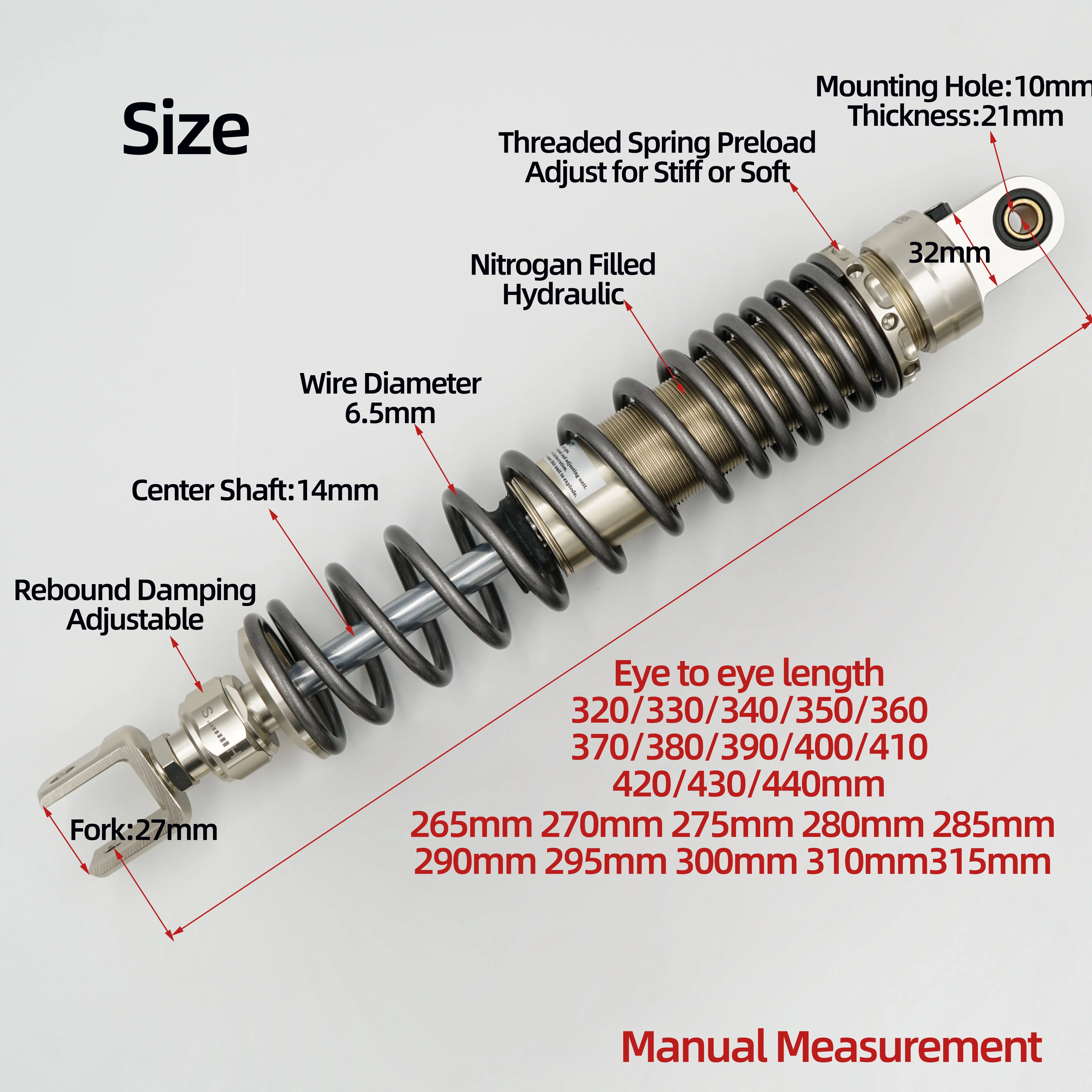 Fork27mm Spring 6.5mm Black Rear Shocks for Honda CL300,500,Zontes350D,350E,Joymax Z300,Cruisym 300,Voge SR250GT,Cyclone RE3
Fork27mm Spring 6.5mm Black Rear Shocks for Honda CL300,500,Zontes350D,350E,Joymax Z300,Cruisym 300,Voge SR250GT,Cyclone RE3