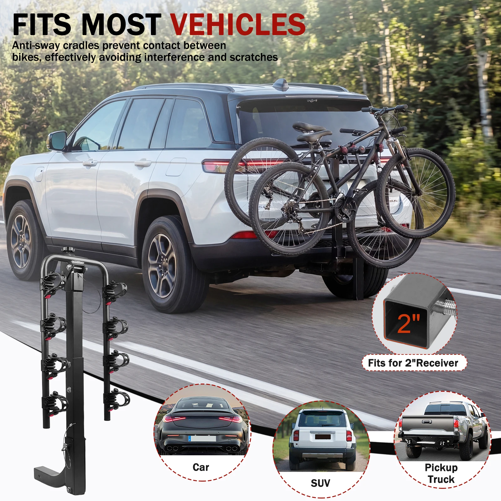 4-Bike Hitch Rack for Cars Trucks SUVs (2-Inch Receiver) 4-Bike Hitch Mount Rack Foldable Anti-Rattle Stability
4-Bike Hitch Rack for Cars Trucks SUVs (2-Inch Receiver) 4-Bike Hitch Mount Rack Foldable Anti-Rattle Stability