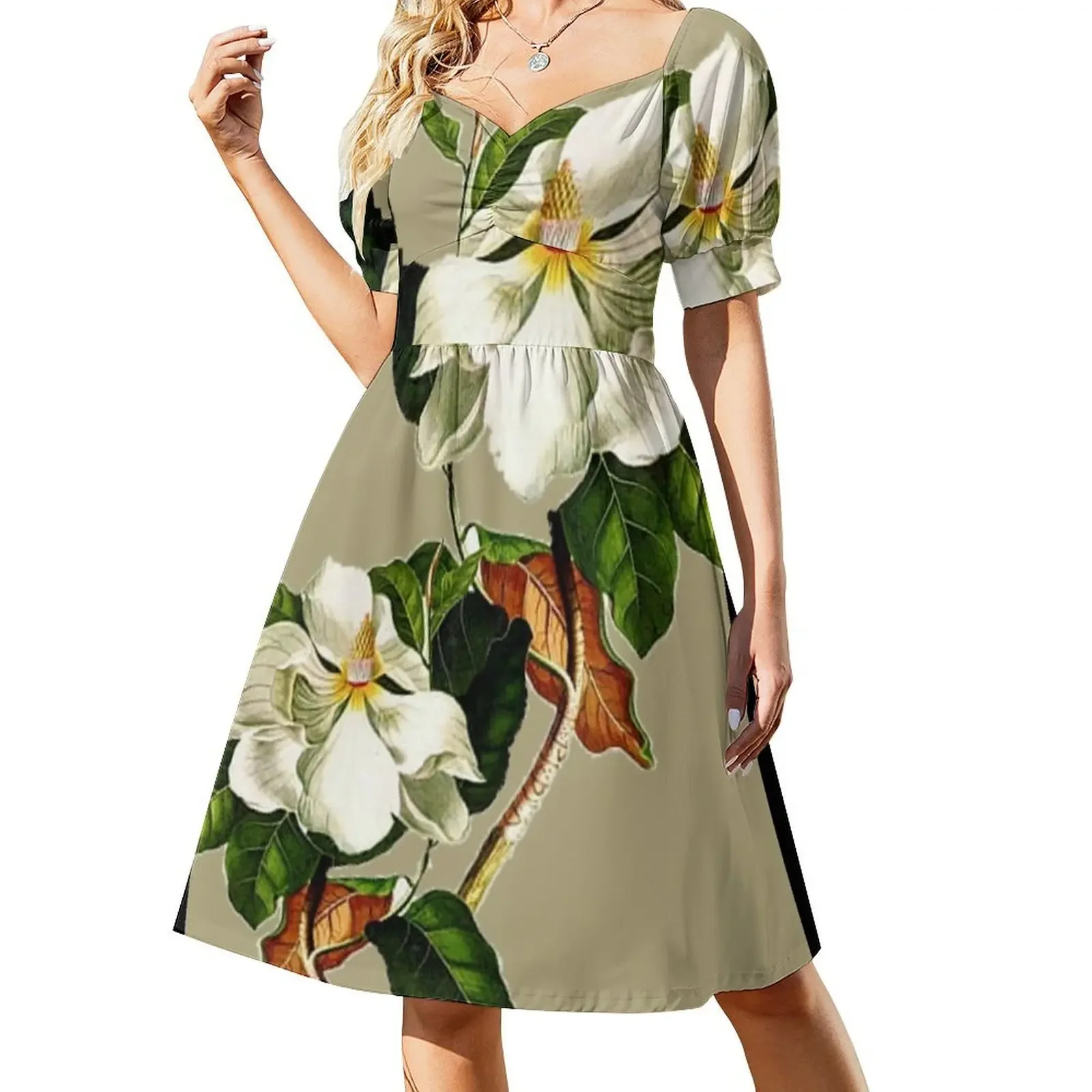 Vintage White Magnolia Pattern on Khaki Background Short-Sleeved Dress dresses with long sleeves cute dress Dress
Vintage White Magnolia Pattern on Khaki Background Short-Sleeved Dress dresses with long sleeves cute dress Dress