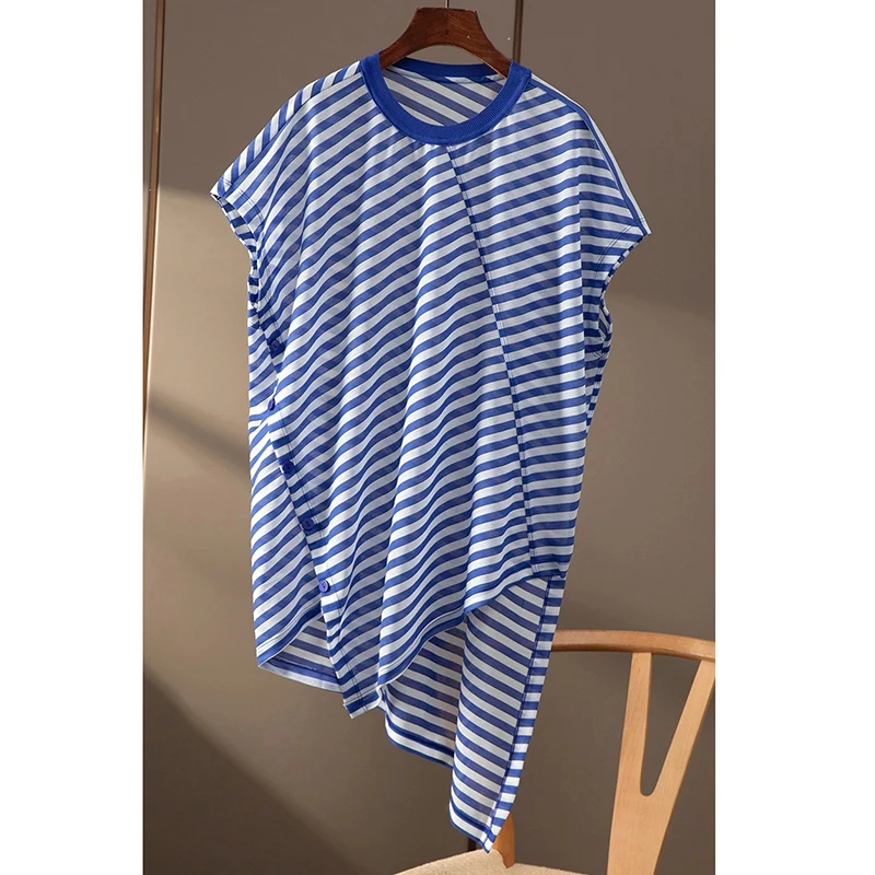 New Design !! Asymmtrical Striped Blue Women T-Shirts O-Neck Long Loose O-Neck Sleeveless Elegant Female Pulls Tops Tees
New Design !! Asymmtrical Striped Blue Women T-Shirts O-Neck Long Loose O-Neck Sleeveless Elegant Female Pulls Tops Tees